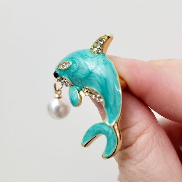Brand New Gold Tone Blue Dolphin Pearl Rhinestone Brooch Pin - Picture 4 of 7
